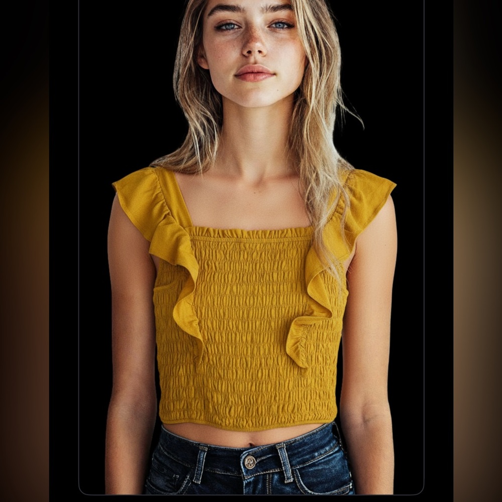 FREE PEOPLE Monteau  Los Angeles  Mustard Ruffle Blouse/Top size M